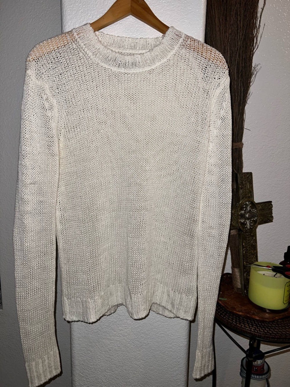 Enza Costa Cream Open-Knit Crewneck Sweater